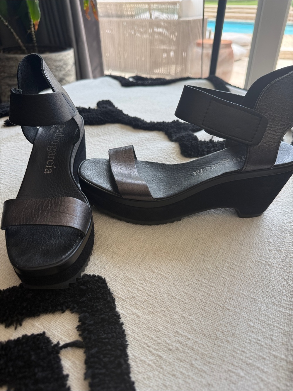 Pedro Garcia gunmetal black Leather Wedge Sandals